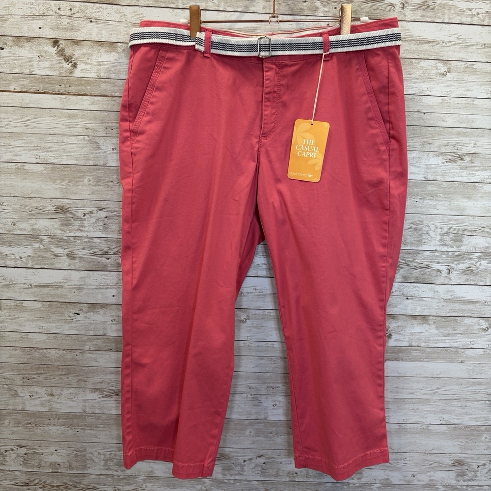 NWT Dockers Womens 10 Capri Pants Casual Pink Coral Belt Cotton Stretch Coastal